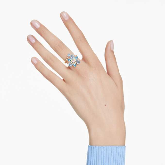 Anillo abierto Idyllia con cortes mixtos, flor, azul, chapado en tono dorado Anillo abierto Idyllia con cortes mixtos, flor, azul, chapado en tono dorado