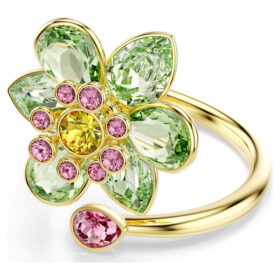 Anillo abierto Idyllia con cortes mixtos, flor, verde, chapado en tono dorado
