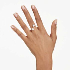 Anillo abierto Mesmera con corte en forma de corazón, pavé, blanco, chapado en oro