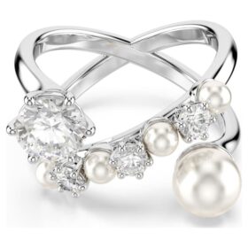 Anillo de cóctel Matrix con perla de cristal, corte redondo, blanco, chapado en rodio Anillo de cóctel Matrix con perla de cristal, corte redondo, blanco, chapado en rodio