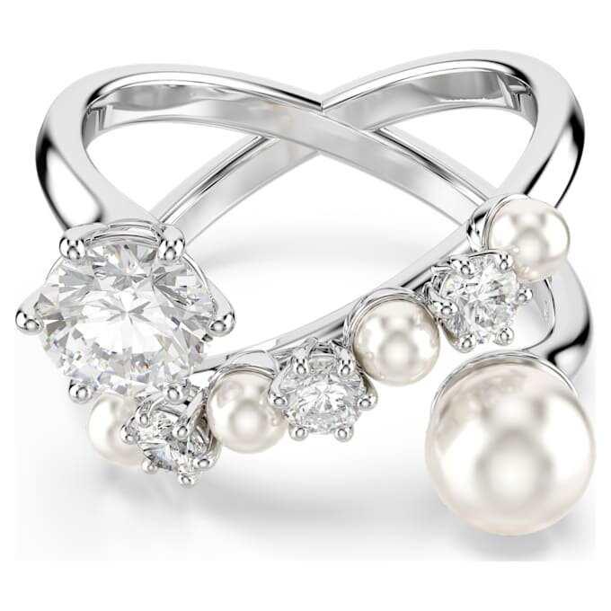 Anillo de cóctel Matrix con perla de cristal, corte redondo, blanco, chapado en rodio Anillo de cóctel Matrix con perla de cristal, corte redondo, blanco, chapado en rodio
