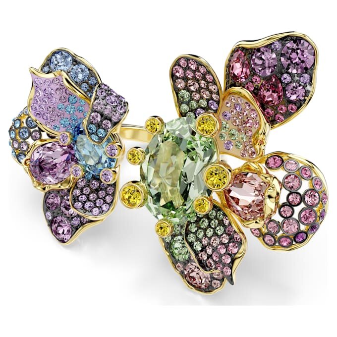 Anillo Idyllia con cortes variados, pavé, flor, multicolor, chapado en tono dorado Anillo Idyllia con cortes variados, pavé, flor, multicolor, chapado en tono dorado