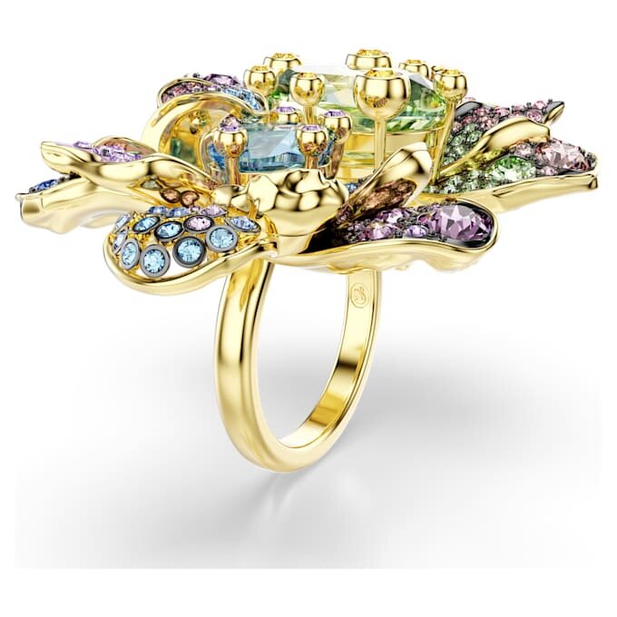 Anillo Idyllia con cortes variados, pavé, flor, multicolor, chapado en tono dorado Anillo Idyllia con cortes variados, pavé, flor, multicolor, chapado en tono dorado