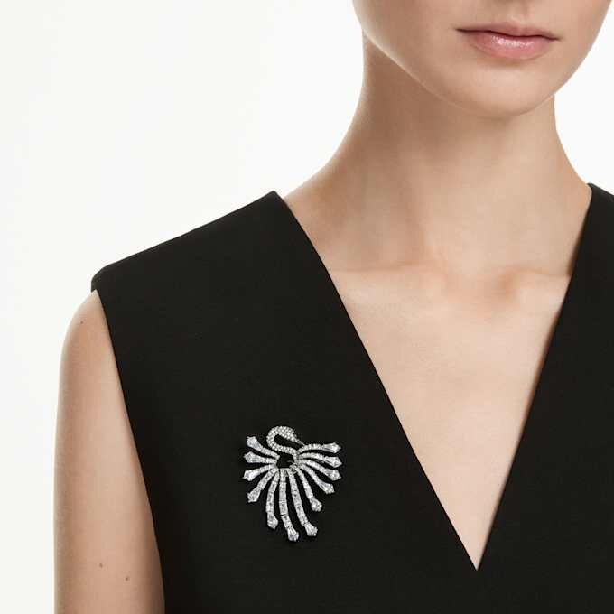 Broche «Swan» de la colección Vienna, blanco, chapado en rutenio Broche «Swan» de la colección Vienna, blanco, chapado en rutenio