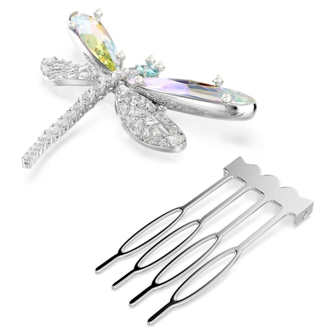 Broche y accesorio para el pelo de Ariana Grande x Swarovski: perla de cristal, cortes variados, libélula, blanco, chapado en rodio Broche y accesorio para el pelo de Ariana Grande x Swarovski: perla de cristal, cortes variados, libélula, blanco, chapado en rodio