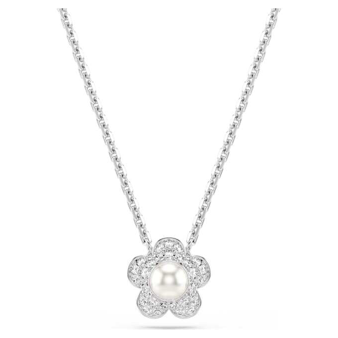 Colgante Ariana Grande x Swarovski con perla de cristal, corte redondo, flor, blanco, chapado en rodio Colgante Ariana Grande x Swarovski con perla de cristal, corte redondo, flor, blanco, chapado en rodio