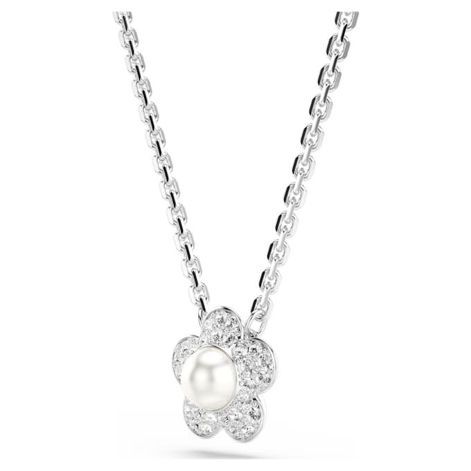 Colgante Ariana Grande x Swarovski con perla de cristal, corte redondo, flor, blanco, chapado en rodio Colgante Ariana Grande x Swarovski con perla de cristal, corte redondo, flor, blanco, chapado en rodio