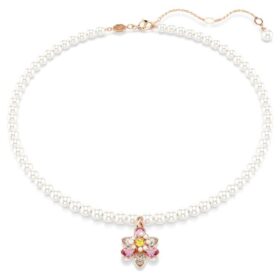 Colgante Idyllia con perla de cristal, cortes variados, flor, multicolor, chapado en tono oro rosa