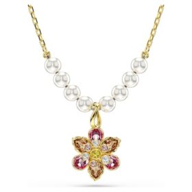 Colgante Idyllia con perlas de cristal, cortes variados, flor, multicolor, chapado en tono dorado