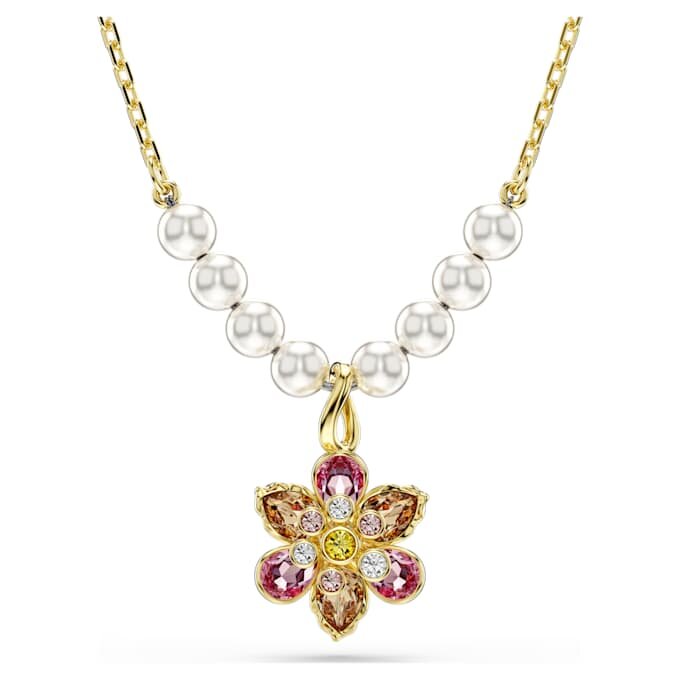 Colgante Idyllia con perlas de cristal, cortes variados, flor, multicolor, chapado en tono dorado Colgante Idyllia con perlas de cristal, cortes variados, flor, multicolor, chapado en tono dorado