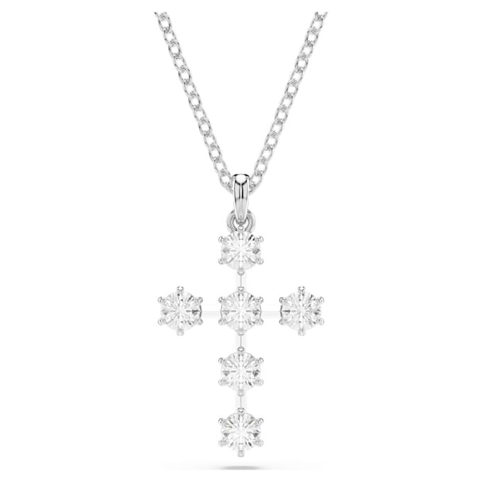 Colgante Insigne de corte redondo, cruz, blanco, chapado en rodio Colgante Insigne de corte redondo, cruz, blanco, chapado en rodio