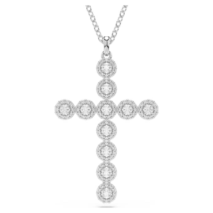 Colgante Insigne de cortes mixtos, cruz, blanco, chapado en rodio Colgante Insigne de cortes mixtos, cruz, blanco, chapado en rodio
