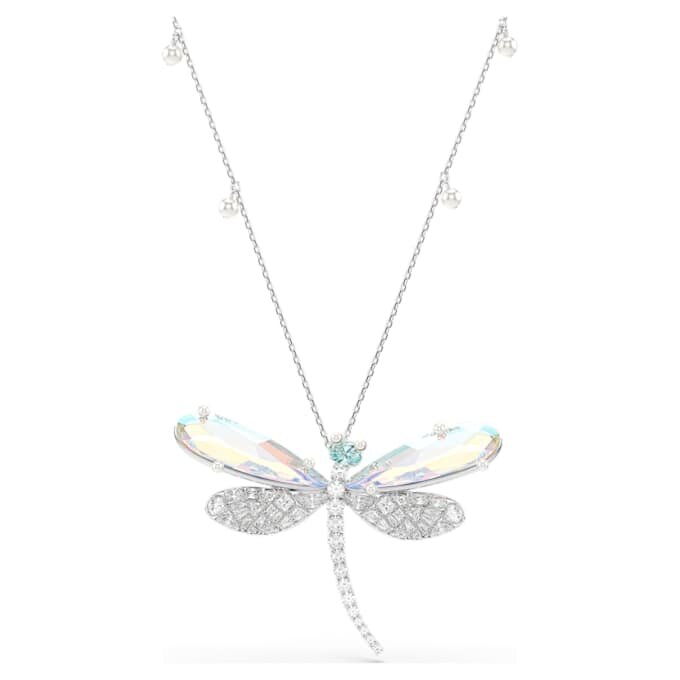 Colgante y broche Ariana Grande x Swarovski con perla de cristal, cortes mixtos, libélula, blanco, chapado en rodio Colgante y broche Ariana Grande x Swarovski con perla de cristal, cortes mixtos, libélula, blanco, chapado en rodio