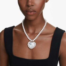 Collar Ariana Grande X Swarovski con perla de cristal, corte en forma de corazón, corazón, blanco, chapado en rodio