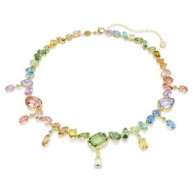 Collar Gema con cortes variados, cristales colgantes, multicolor, chapado en tono dorado
