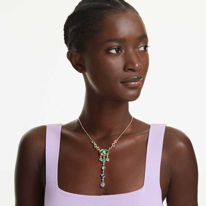 Collar Gema Y con cortes variados, multicolor, chapado en tono dorado Collar Gema Y con cortes variados, multicolor, chapado en tono dorado