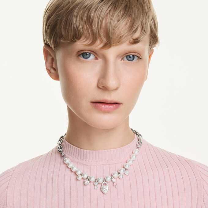 Collar Idyllia con perlas de cristal, cortes variados, blanco, chapado en rodio Collar Idyllia con perlas de cristal, cortes variados, blanco, chapado en rodio