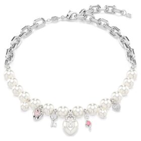 Collar Idyllia con perlas de cristal, cortes variados, blanco, chapado en rodio