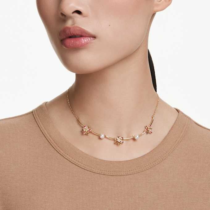 Collar Idyllia con perlas de cristal, cortes variados, motivos florales, multicolor, chapado en tono dorado Collar Idyllia con perlas de cristal, cortes variados, motivos florales, multicolor, chapado en tono dorado