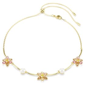 Collar Idyllia con perlas de cristal, cortes variados, motivos florales, multicolor, chapado en tono dorado