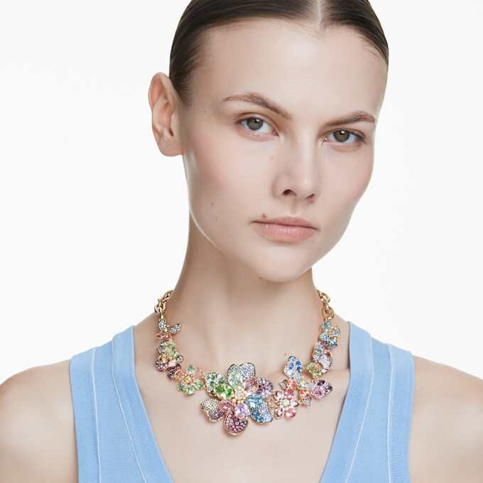 Collar Idyllia: cortes variados, pavé, flor, multicolor, chapado en oro