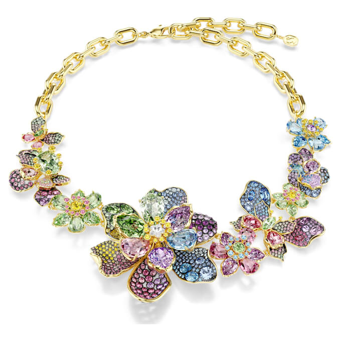 Collar Idyllia: cortes variados, pavé, flor, multicolor, chapado en oro