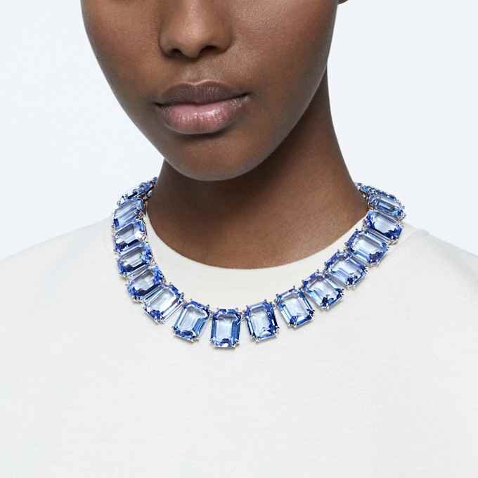 Collar Millenia con cristales extragrandes, talla octogonal, azul, chapado en rodio Collar Millenia con cristales extragrandes, talla octogonal, azul, chapado en rodio