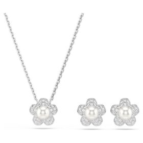 Conjunto Ariana Grande X Swarovski: perla de cristal, corte redondo, flor, blanco, chapado en rodio Conjunto Ariana Grande X Swarovski: perla de cristal, corte redondo, flor, blanco, chapado en rodio