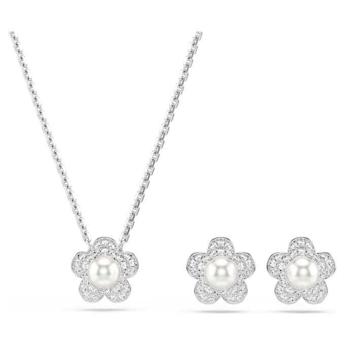 Conjunto Ariana Grande X Swarovski: perla de cristal, corte redondo, flor, blanco, chapado en rodio Conjunto Ariana Grande X Swarovski: perla de cristal, corte redondo, flor, blanco, chapado en rodio