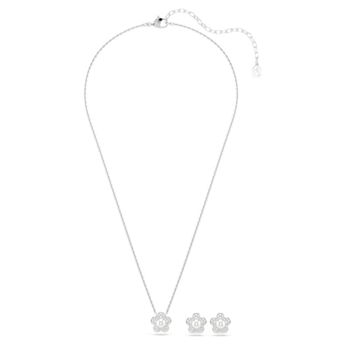 Conjunto Ariana Grande X Swarovski: perla de cristal, corte redondo, flor, blanco, chapado en rodio Conjunto Ariana Grande X Swarovski: perla de cristal, corte redondo, flor, blanco, chapado en rodio