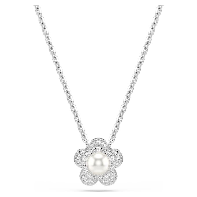 Conjunto Ariana Grande X Swarovski: perla de cristal, corte redondo, flor, blanco, chapado en rodio Conjunto Ariana Grande X Swarovski: perla de cristal, corte redondo, flor, blanco, chapado en rodio