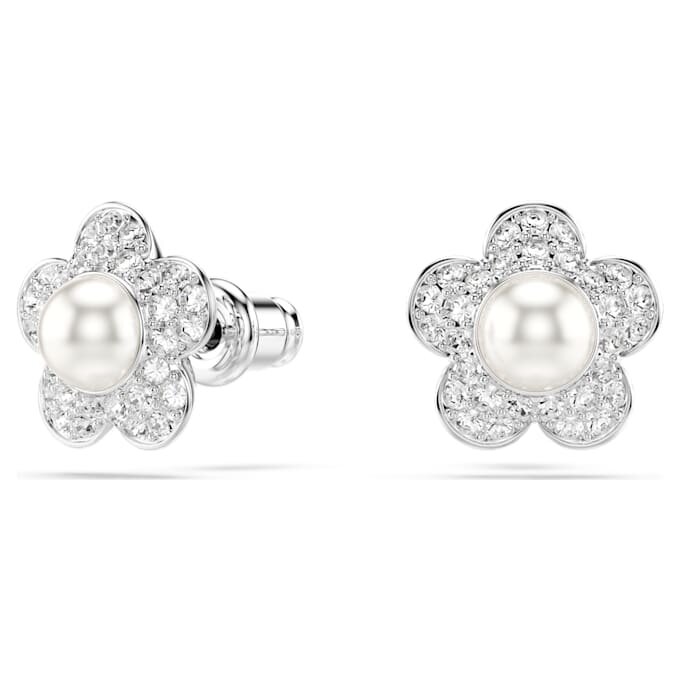 Conjunto Ariana Grande X Swarovski: perla de cristal, corte redondo, flor, blanco, chapado en rodio Conjunto Ariana Grande X Swarovski: perla de cristal, corte redondo, flor, blanco, chapado en rodio