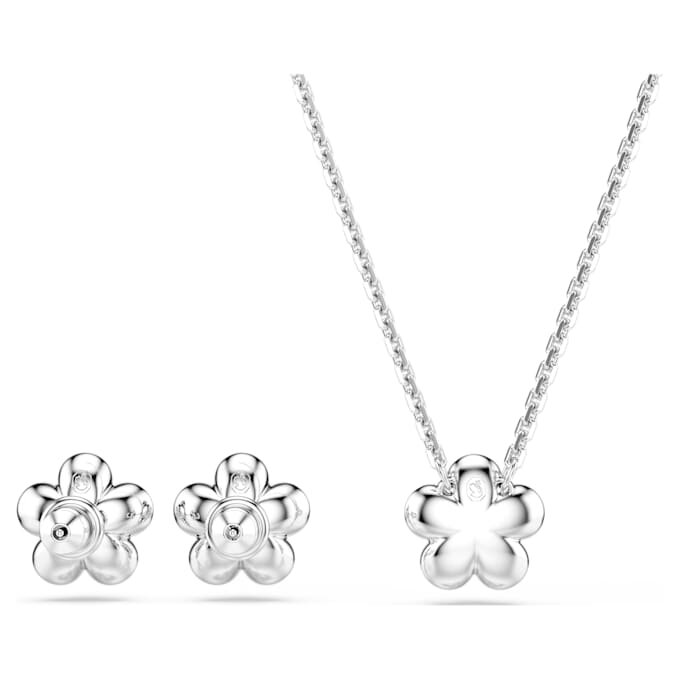 Conjunto Ariana Grande X Swarovski: perla de cristal, corte redondo, flor, blanco, chapado en rodio Conjunto Ariana Grande X Swarovski: perla de cristal, corte redondo, flor, blanco, chapado en rodio