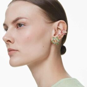 Conjunto de pendientes tipo «ear cuff» Idyllia (3), diseño asimétrico, cortes variados, flores, multicolor, chapado en tono dorado