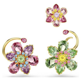 Conjunto de pendientes tipo «ear cuff» Idyllia (3), diseño asimétrico, cortes variados, flores, multicolor, chapado en tono dorado