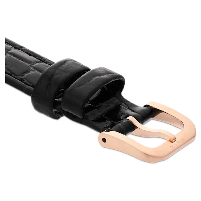 Correa de reloj de 16 mm (0,63″) de ancho, de piel con costuras, negra, con acabado en tono oro rosa Correa de reloj de 16 mm (0,63″) de ancho, de piel con costuras, negra, con acabado en tono oro rosa