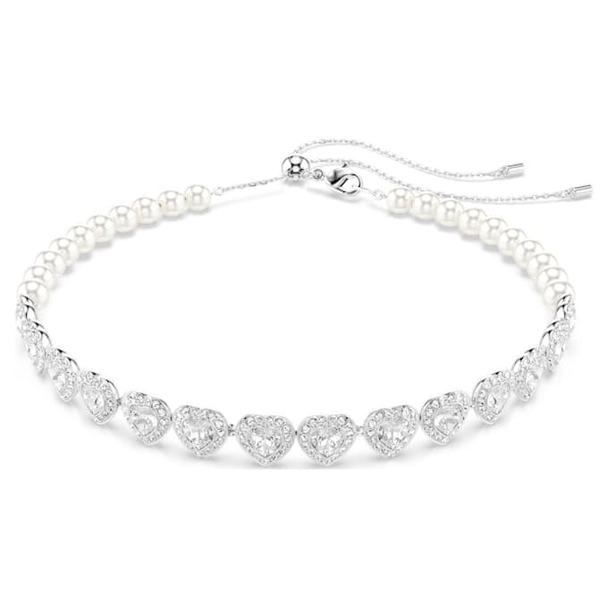 Gargantilla Ariana Grande x Swarovski con cortes variados, perlas de cristal, corazón, blanco, chapada en rodio Gargantilla Ariana Grande x Swarovski con cortes variados, perlas de cristal, corazón, blanco, chapada en rodio