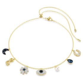 Gargantilla Symbolica con perlas de cristal, luna, símbolo de Infinity, trébol, ojo del mal y herradura, azul, chapada en tono dorado