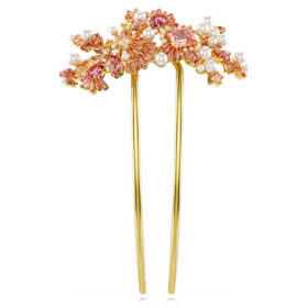 Horquilla Gema con perla de cristal, cortes variados, flor, rosa, chapada en tono dorado