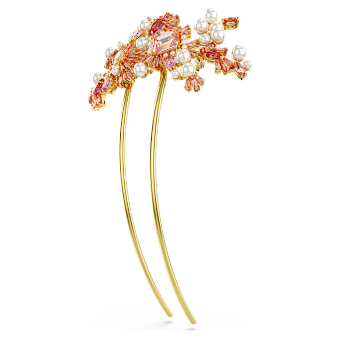 Horquilla Gema con perla de cristal, cortes variados, flor, rosa, chapada en tono dorado Horquilla Gema con perla de cristal, cortes variados, flor, rosa, chapada en tono dorado