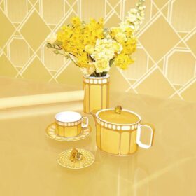 Taza de té con platillo Signum, de porcelana, amarilla