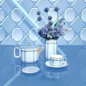 Taza de té con platillo Signum, de porcelana, azul