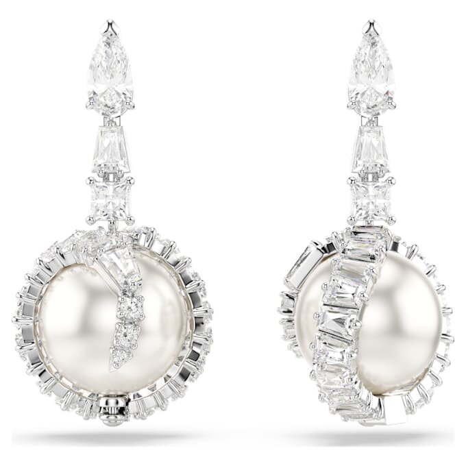 Pendientes colgantes con forma de serpiente, perla de cristal, cortes variados, Año de la Serpiente, blanco, chapado en rodio Pendientes colgantes con forma de serpiente, perla de cristal, cortes variados, Año de la Serpiente, blanco, chapado en rodio