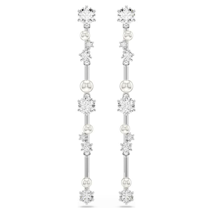 Pendientes colgantes Constella con perlas de cristal, tallas redondas, blancos, chapados en rodio Pendientes colgantes Constella con perlas de cristal, tallas redondas, blancos, chapados en rodio