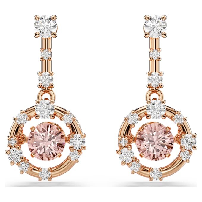 Pendientes colgantes Constella, corte redondo, piedra danzante, rosa, chapados en tono oro rosa Pendientes colgantes Constella, corte redondo, piedra danzante, rosa, chapados en tono oro rosa