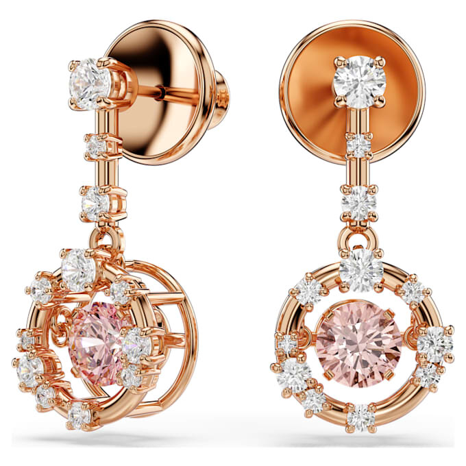 Pendientes colgantes Constella, corte redondo, piedra danzante, rosa, chapados en tono oro rosa Pendientes colgantes Constella, corte redondo, piedra danzante, rosa, chapados en tono oro rosa