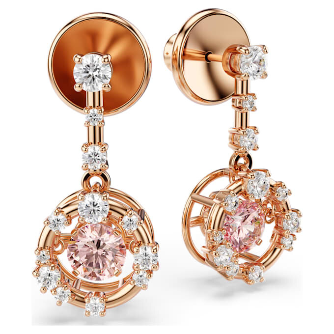 Pendientes colgantes Constella, corte redondo, piedra danzante, rosa, chapados en tono oro rosa Pendientes colgantes Constella, corte redondo, piedra danzante, rosa, chapados en tono oro rosa