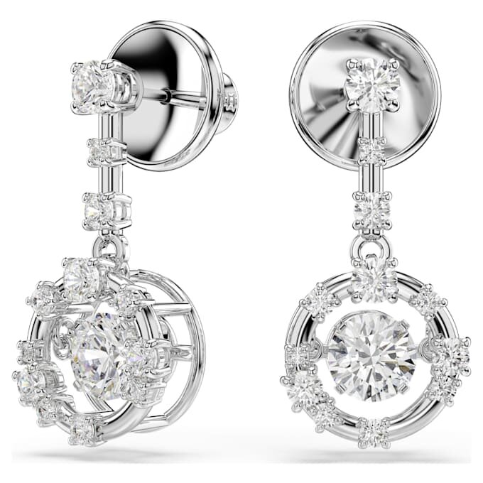 Pendientes colgantes Constella de corte redondo, piedra danzante, blancos, chapados en rodio Pendientes colgantes Constella de corte redondo, piedra danzante, blancos, chapados en rodio