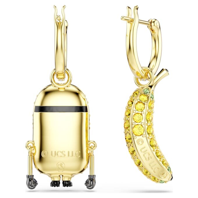 Pendientes colgantes de los Minions Stuart y Banana con pavé, mini, multicolores, chapados en tono dorado Pendientes colgantes de los Minions Stuart y Banana con pavé, mini, multicolores, chapados en tono dorado