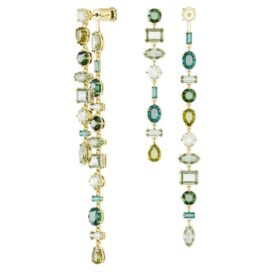Pendientes colgantes Gema: diseño asimétrico, cortes variados, extralargos, verdes, chapados en tono dorado